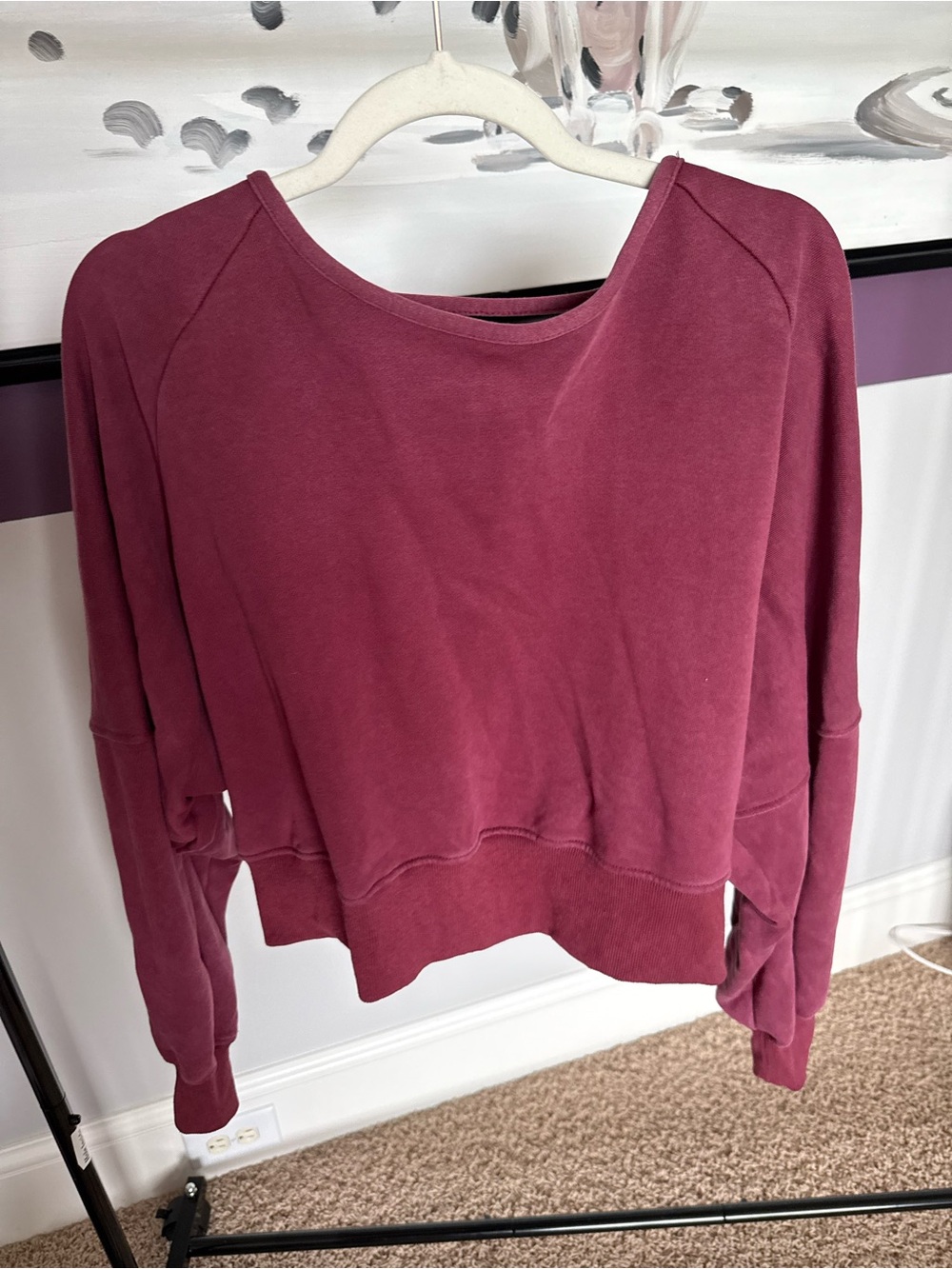 Lulu's Cropped Pullover open back Sweatshirt in Berry